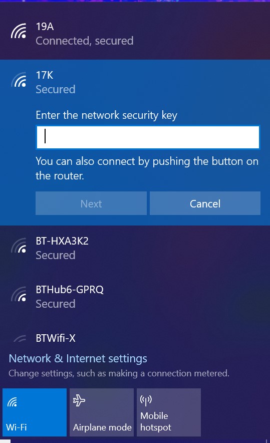 Screenshot of the window that pops up to prompt you to enter in a WPA security key to connect to the Internet via WiFi