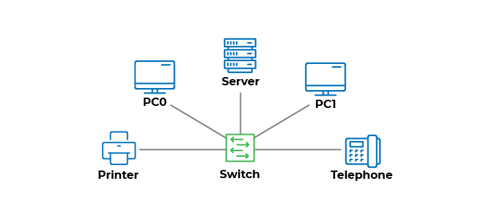 Diagram illustrating how switches connect to other components: the switch is the central component connected to a printer, a server, two PCs and a telephone.