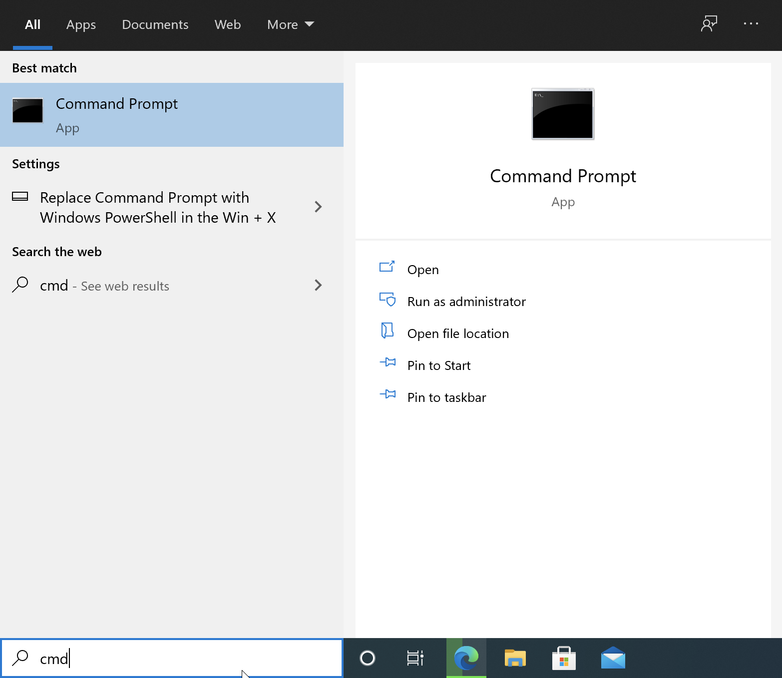 Access the command prompt in Windows 10