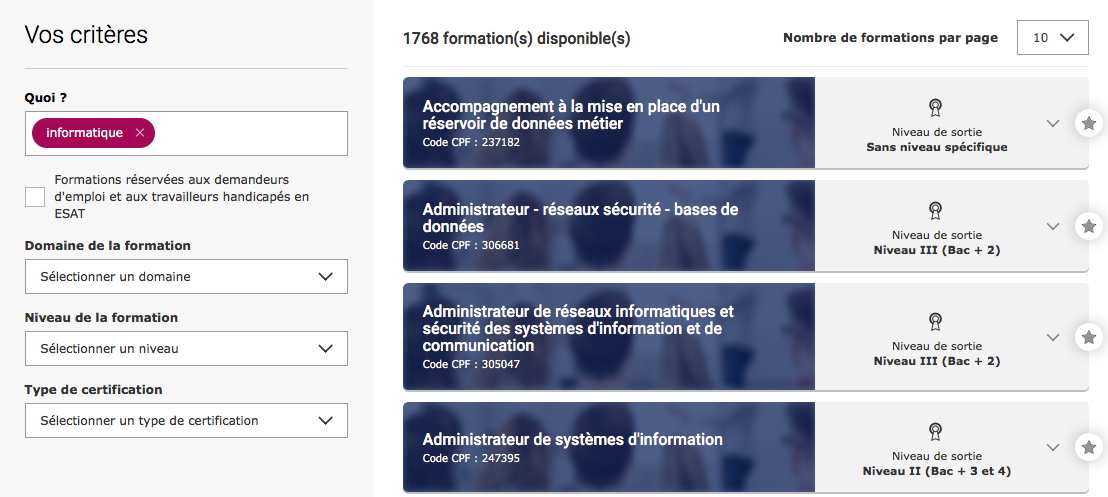 Capture d'écran du site moncompteformation.gouv.fr : interface de sélection des formations. A gauche, les critères de sélection. A droite, les formations éligibles.