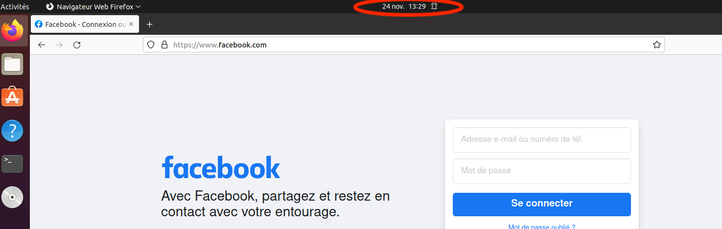 Capture d'écran montrant la page d'accueil de Facebook qui s'affiche alors que l'horloge affiche 13h29.