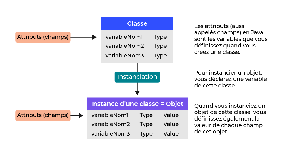 Les attributs (aussi appelés champs) en Java sont les variables que vous définissez quand vous créez une classe. Pour instancier un objet, vous déclarez une variable de cette classe. Quand vous instanciez un objet de cette classe, vous définissez ég