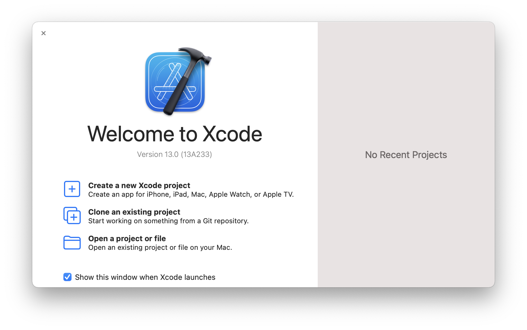 Le message de bienvenue de Xcode