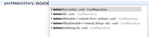 L’éditeur de code Spring Tool Suite affiche 5 méthodes dont le nom commence par le mot delete. Ces méthodes permettent de supprimer des données en BDD.