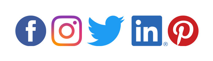 Logos des principaux réseaux sociaux : Facebook, Instagram, Twitter, LinkedIn et Pinterest