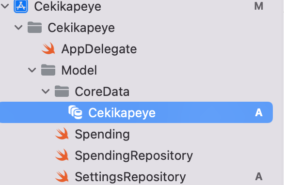Notre nouvel fichier Data Model Cekikapeye s’affiche bien dans le dossier CoreData