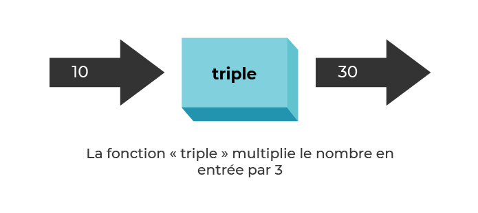 La fonction triple reçoit en entrée le nombre 10. Elle retourne donc en sortie le nombre 30.