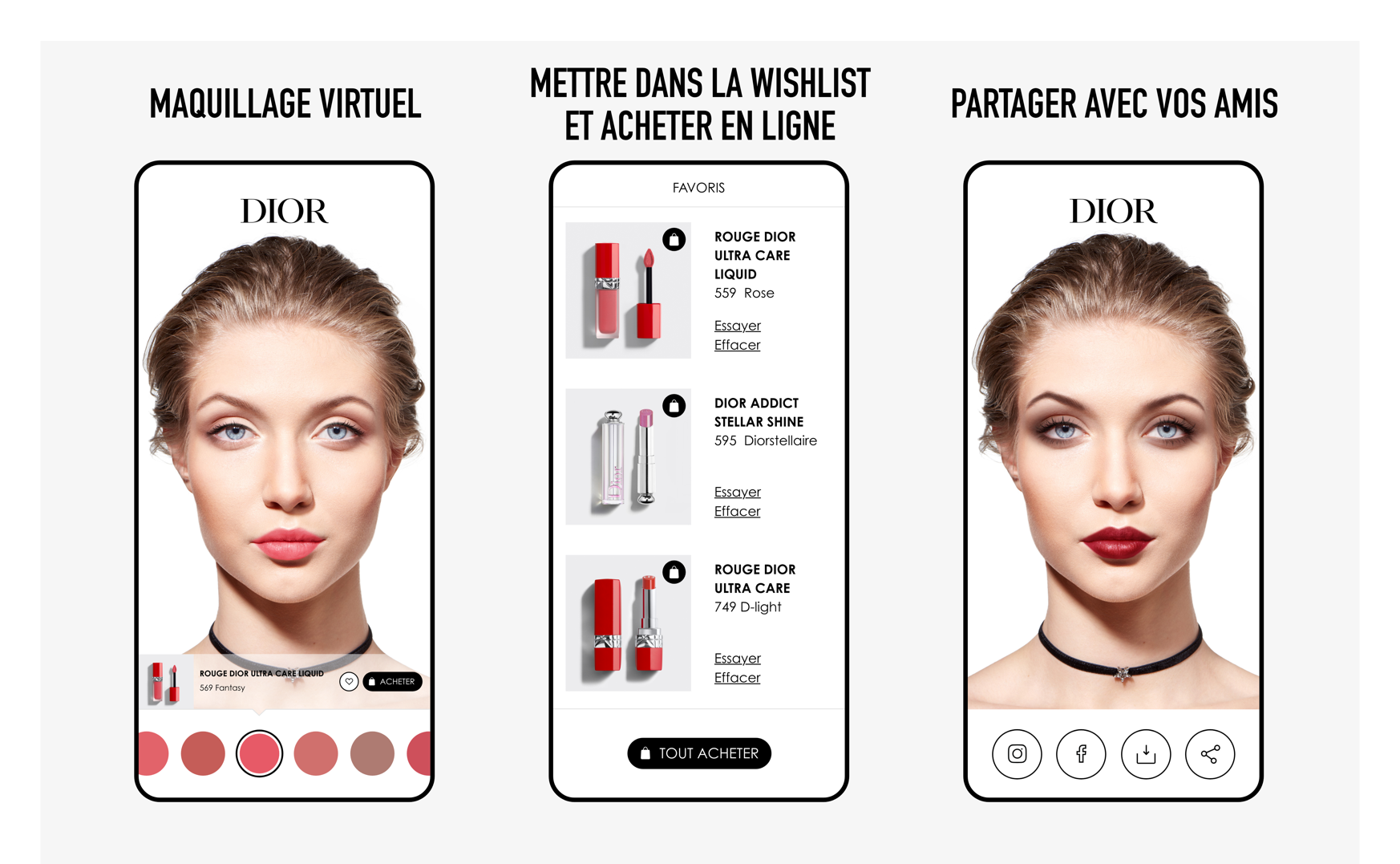 3 visuels de l'applications de Dior, côte à côte. Les premiers et troisième représentent le visage d'une femme avec une palette de couleurs de maquillage. Le second les rouges à lèvre correspondant aux couleurs, que l'on peut acheter.