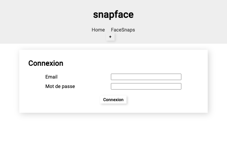 Snapface  Une page de connexion toute blanche avec champs Email, Mot de passe et bouton connexion
