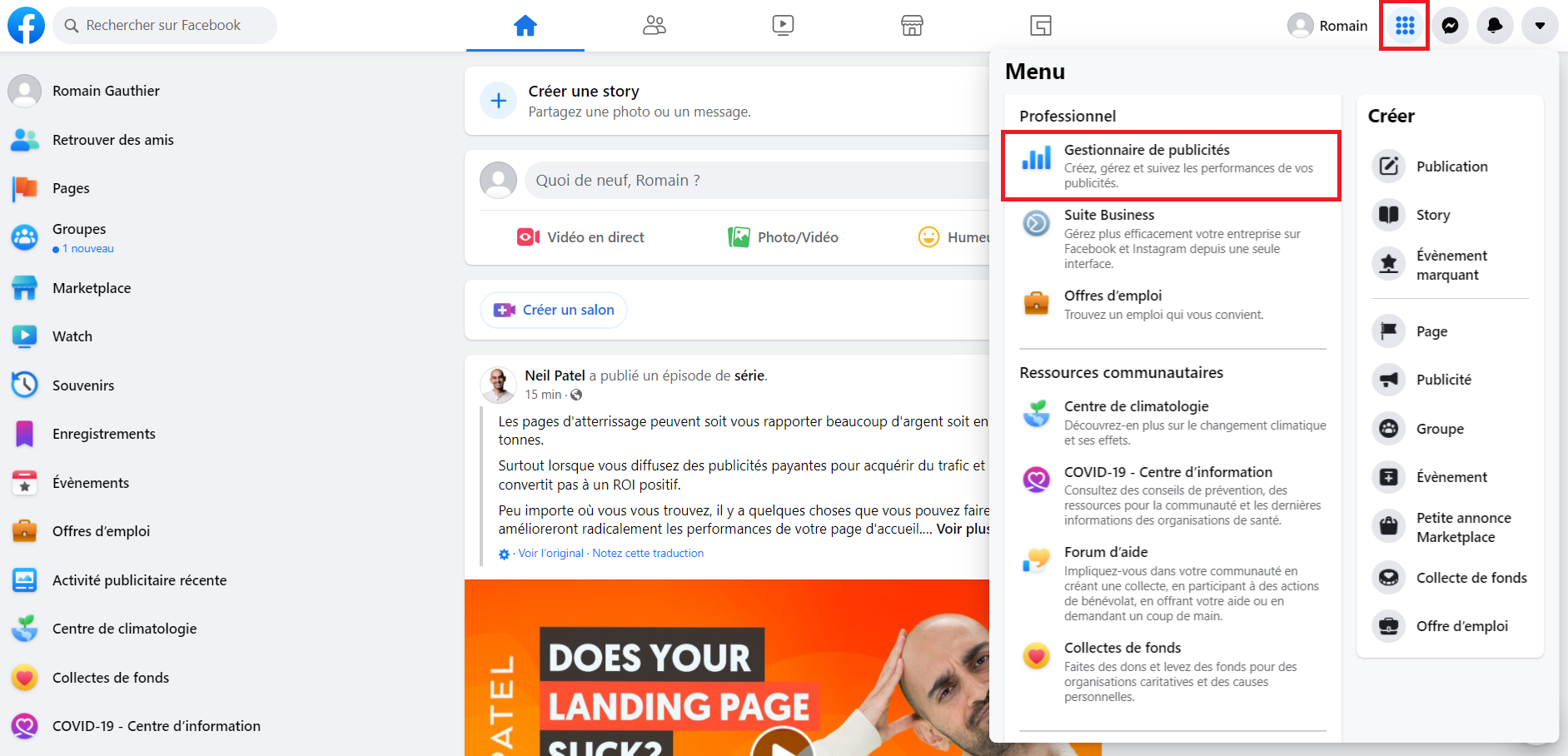 Screenshot du menu Facebook avec l'accès au bouton Gestionnaire de publicité