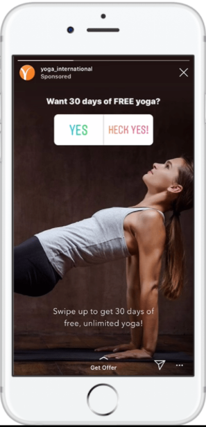 Screenshot d'un publicité d'un studio de Yoga, sur Instagram