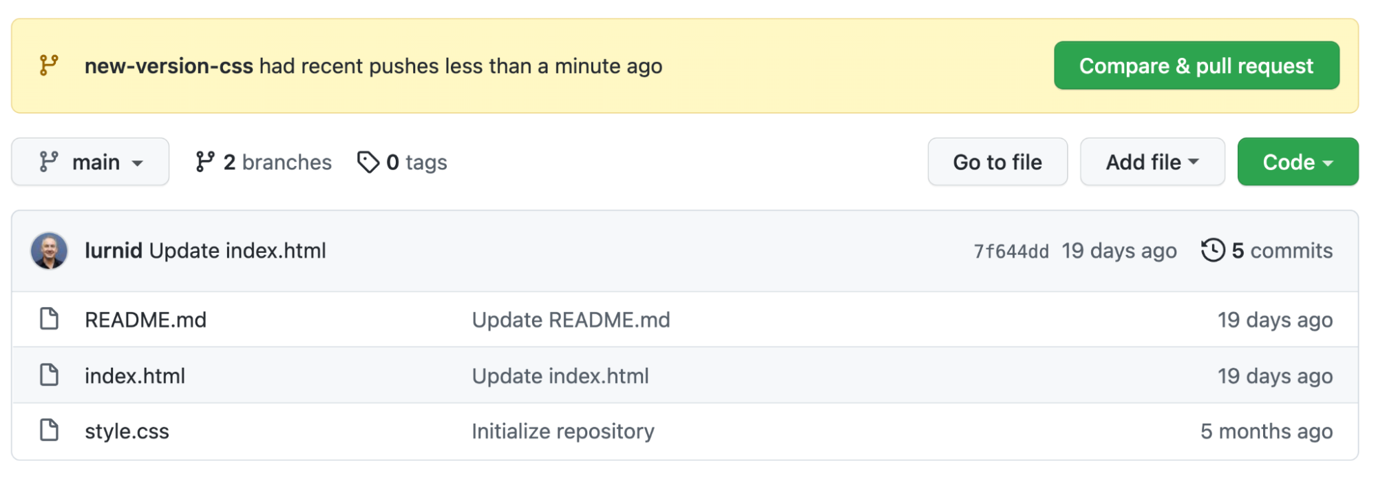 The button “Compare & pull request” suggests that you create a pull request