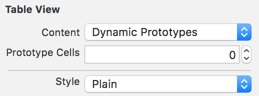 Table View  Champ Content = Dynamic Prototypes  Champ Prototype Cells = 0  Champ Style = Plain