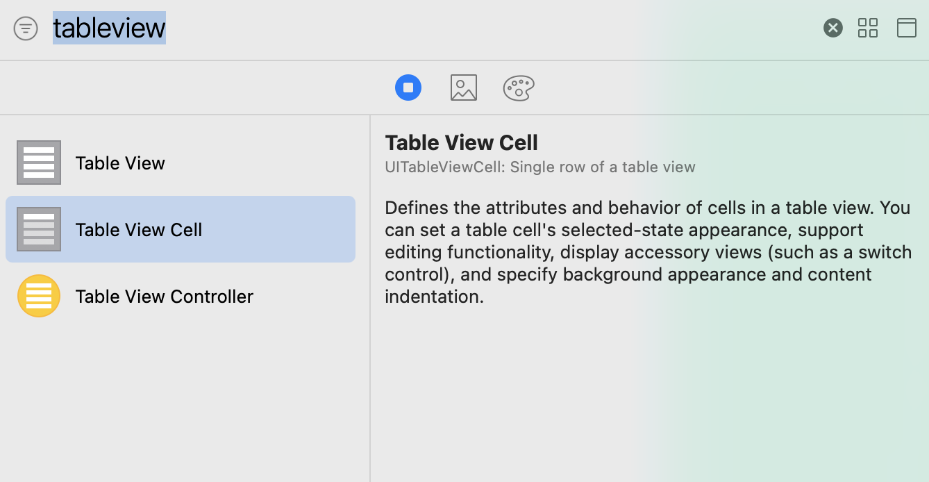 Une colonne avec Table View / Table View Cell / Table View Controller. On sélectionne Table View Cell et un texte s'affiche en anglais