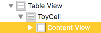 Dans le menu Table View apparaît un menu ToyCell dans lequel on sélectionne Content View