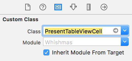 Zoom sur la Custom Class  Class : PresentTableViewCell Module : Whismas  Inherit module From Target est coché