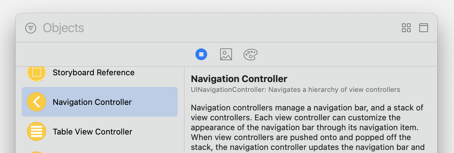 Sélection d'un Navigation Controller avec une description expliquant ce qu'est un Navigation Controller
