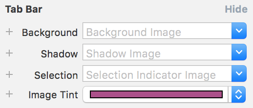 Tab Bar avec options :Background, Shadow, Selection, Image Tint (passé en violet)