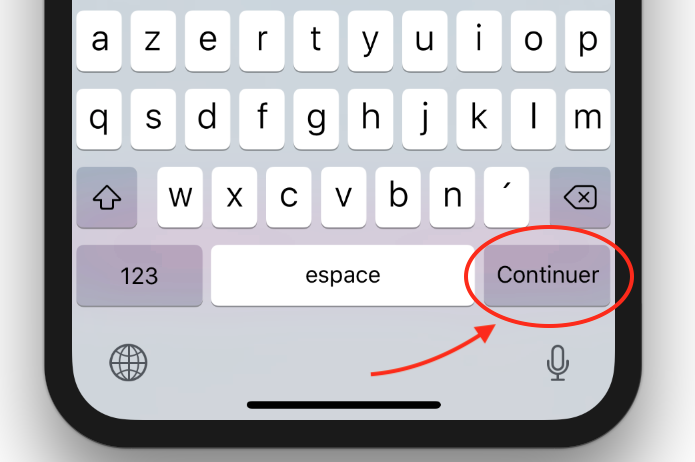 Un clavier d'iPhone avec le bouton continuer