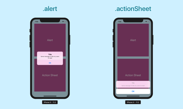 Deux styles d'alerte: .alert et .actionSheet
