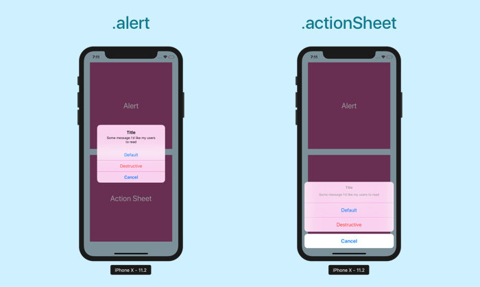 .alert et .actionSheet : choix entre les boutons Default, Destructive et Cancel