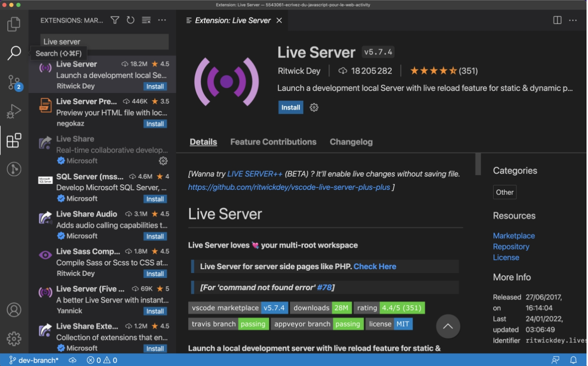 Une page de VSCode Marketplace qui affiche l'extension Live Server