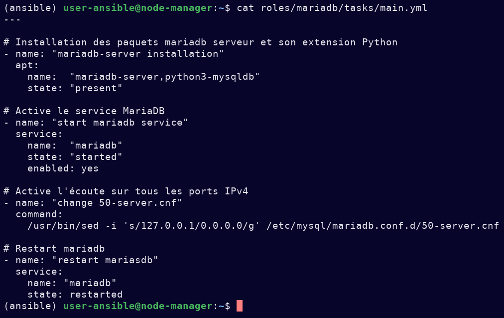 L'iamge montre une capture d'écran décrivant les actions nécessaires pour l'installation de MariaDB.