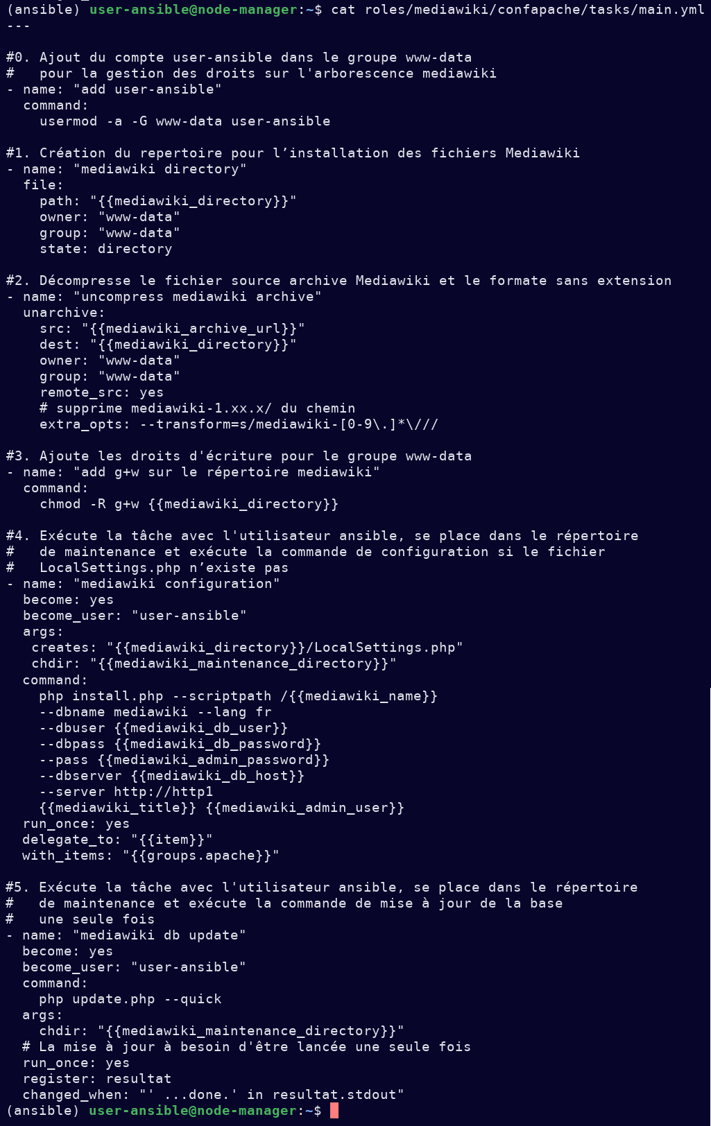 L'image montre une capture décrivant décrivant toutes les actions nécessaires pour configurer les fichiers MediaWiki dans Apache