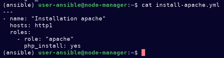 L'image montre une capture d'écran décrivant le contenu du fichier pour créer le playbook pour l'installation d'Apache.