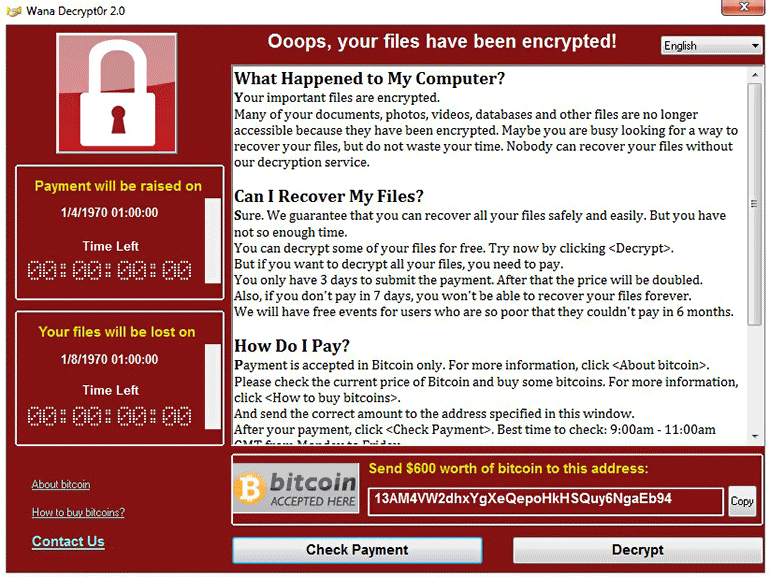 Screenshot of WannaCry ransom demand pop-up