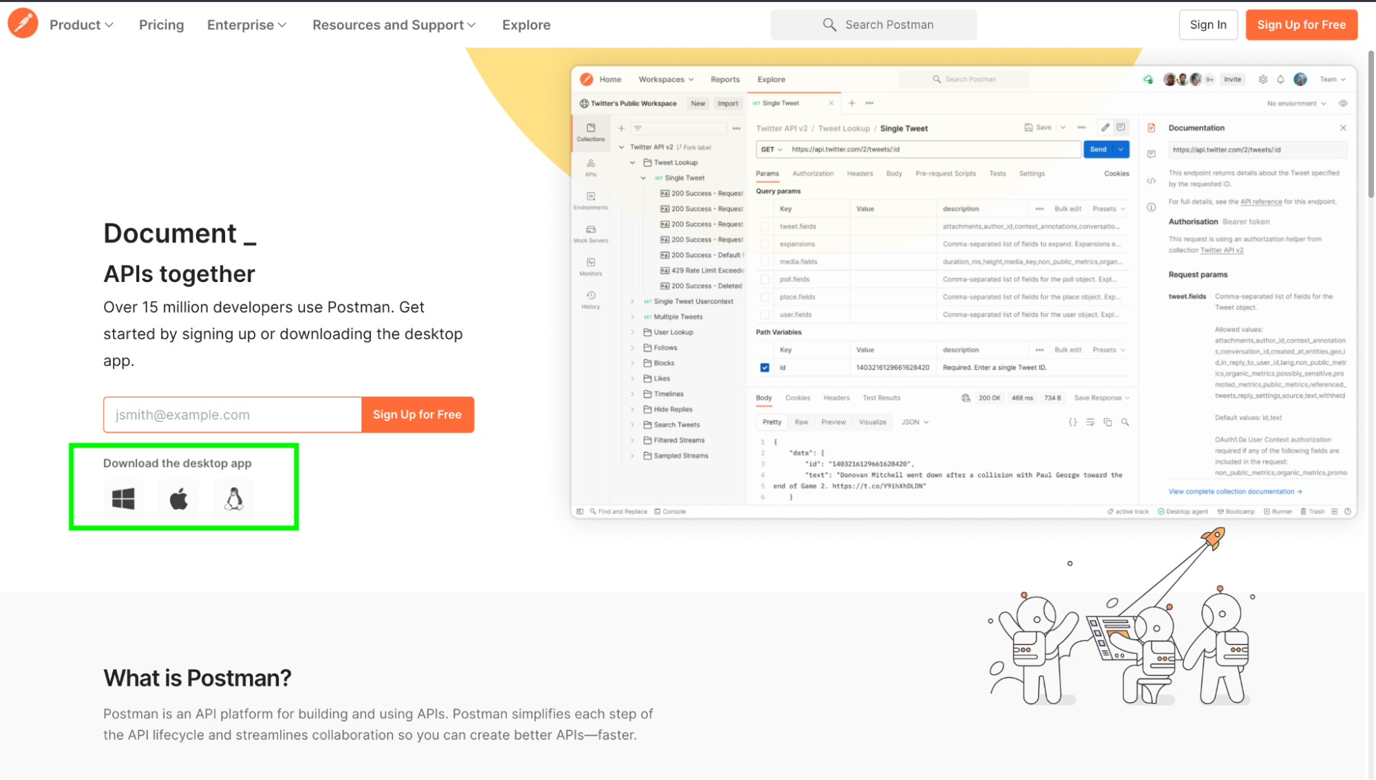 Postman's home page: on the left side of the interface the icons propose to download your operating system.