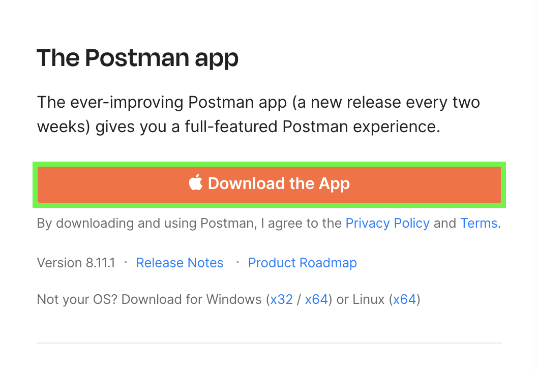 The Postman download button for MacBook
