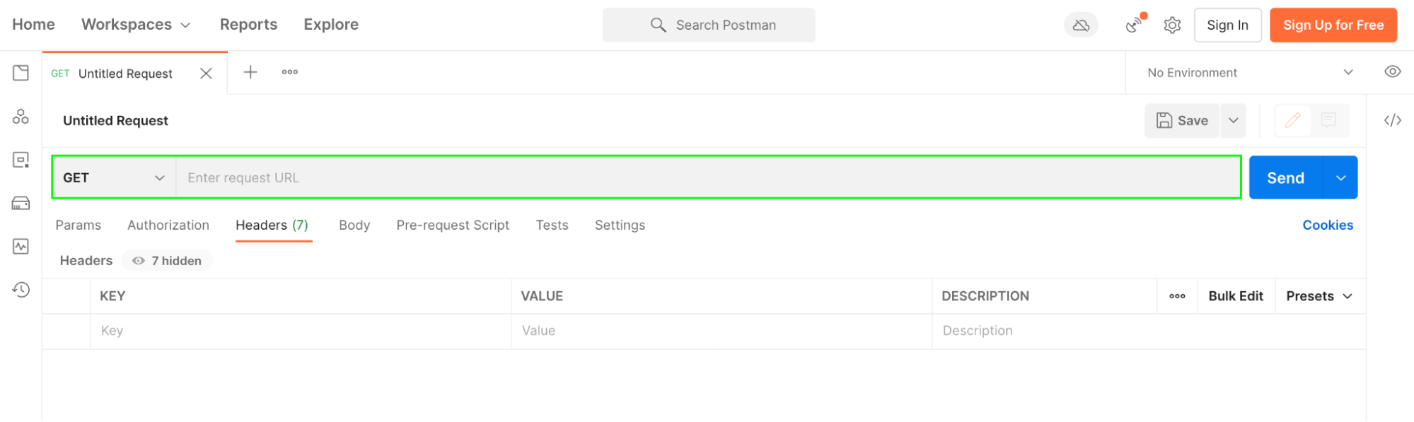 The field used to perform a query in Postman is indicated in green in the Workspaces tab of the interface.