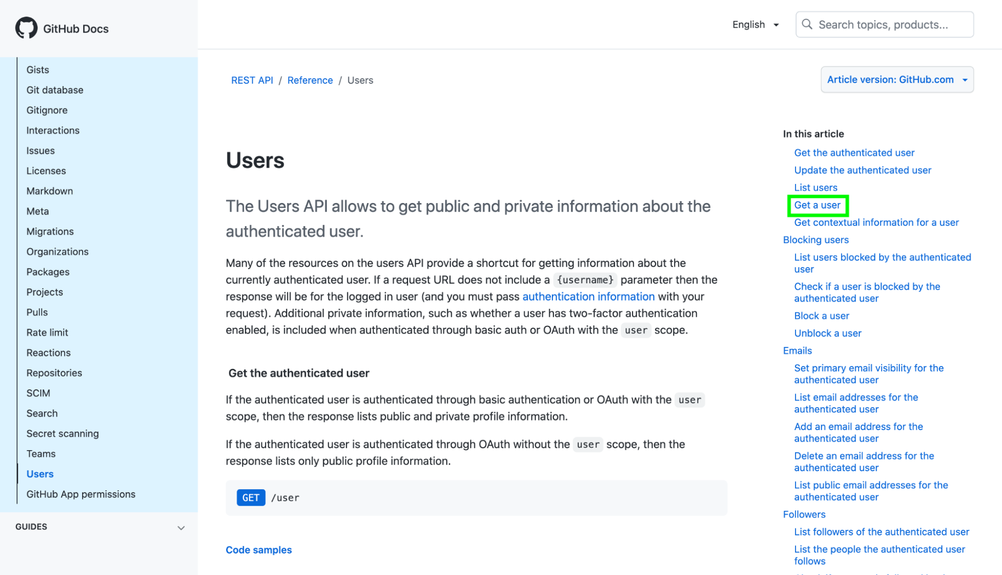 The GitHub documentation is displayed. On the right, Get a user is framed in green.