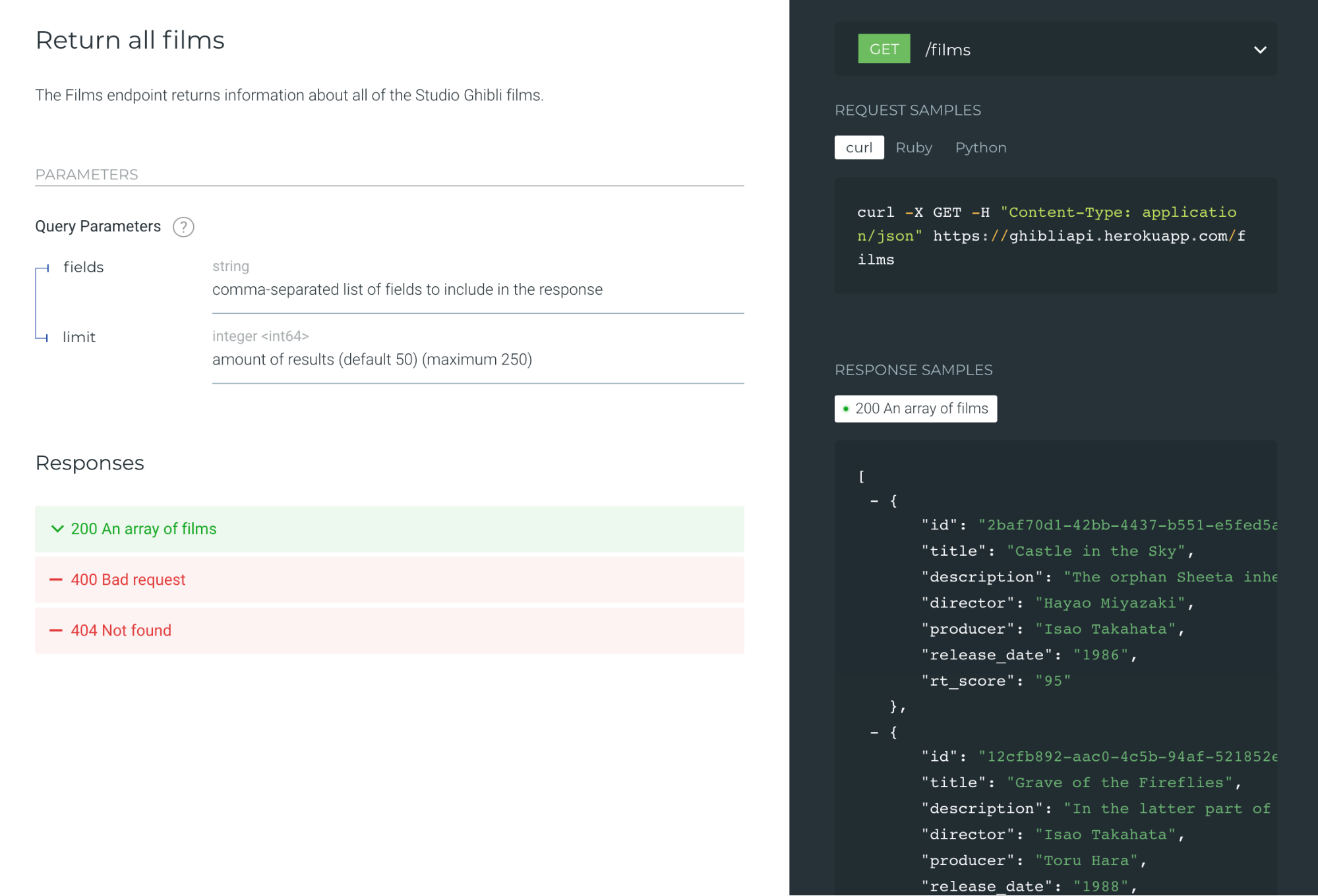 Documentation of the Ghibli API. On the left, the answers returned by the API are displayed, on the right the answer is displayed as an array.