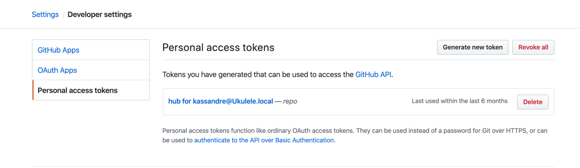 GitHub page to generate a token : Note, repo and delete_repo elements are framed in green.