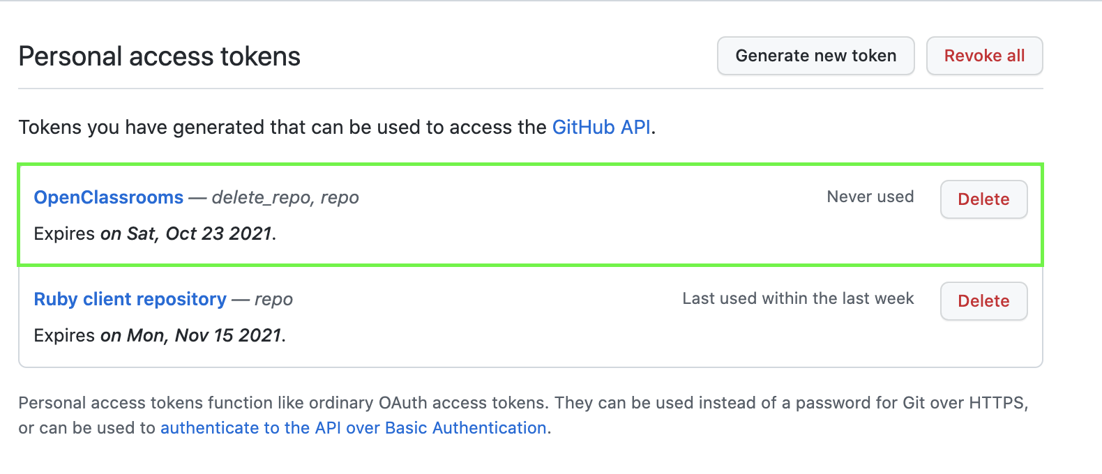 Possible actions with the token : delete_repo and repo. Here, OpenClassrooms__delete_repo, repo is framed in green.