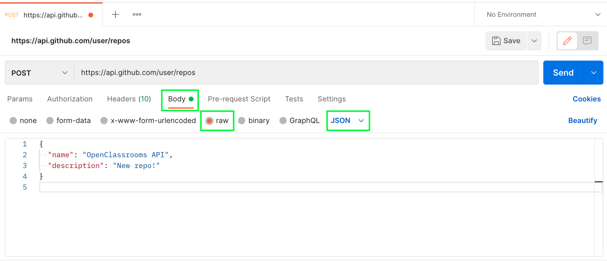 Interface displayed from the Body tab. JSON is displayed and framed in a drop-down list.