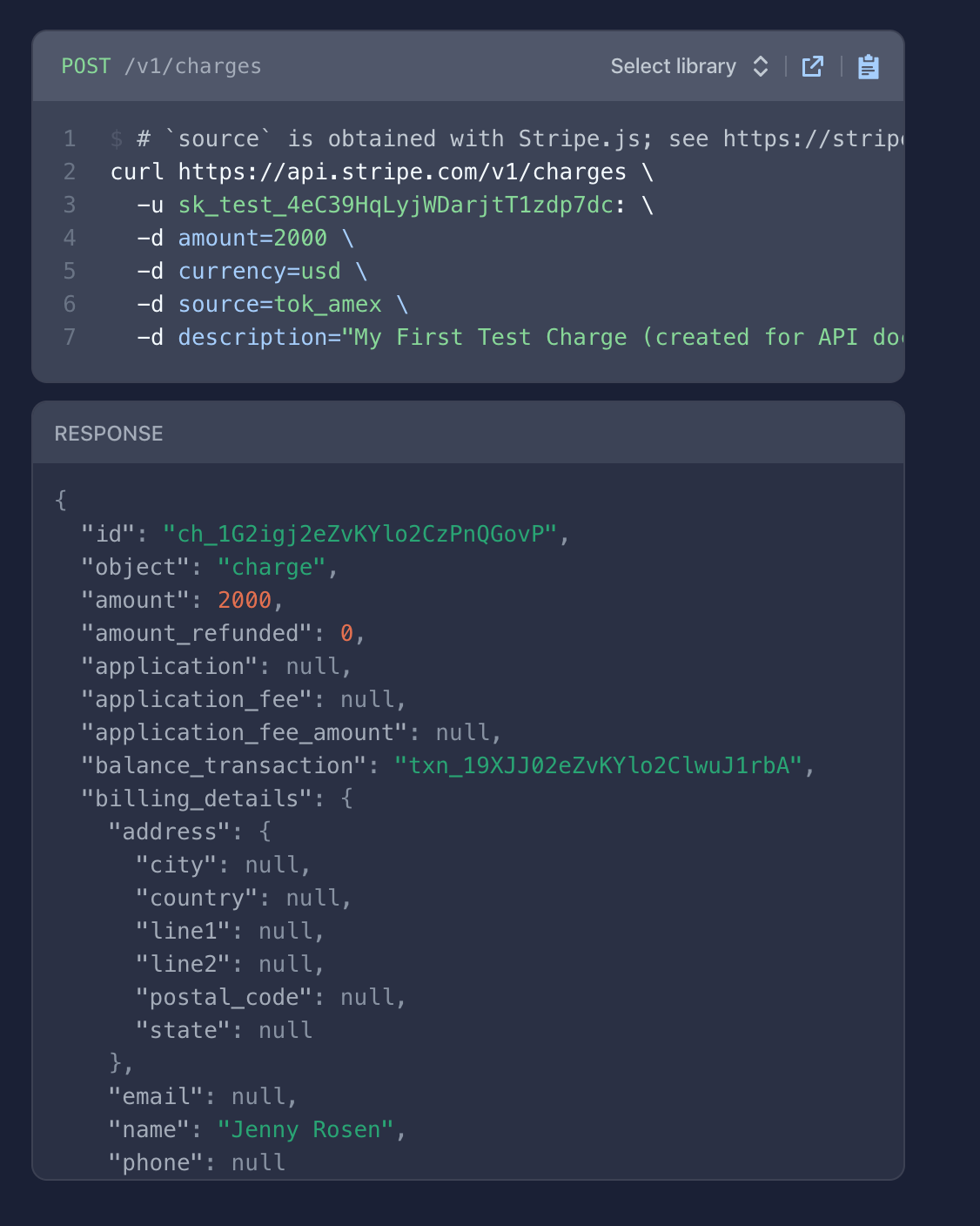 An example response in the Stripe documentation