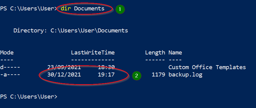 The console screenshot illustrates the steps to verify your backup has run. Step one: run a directory listing command; dir Documents circled at top of the image. Step two: check the timestamp on your backup log is up to date; 30/12/2021 19:17 is circled.