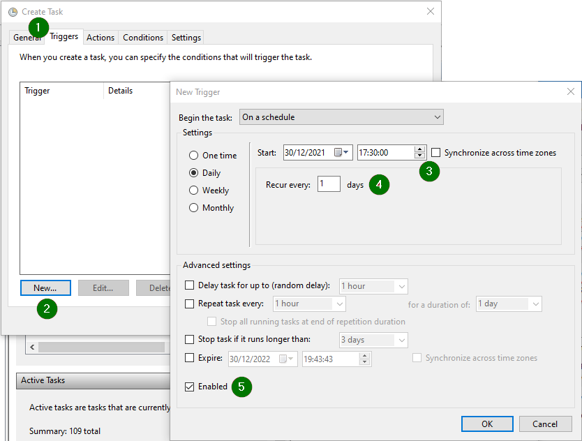 Task scheduler parameters window. The triggers tab is open. On the left the button New is highlighted. A new trigger window is open on the right. Daily is selected from the Settings; date, time and recurrency are set. Enabled is ticked in Advance settings