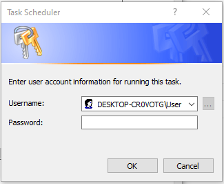 The screenshot shows the window that opens after closing the create task window. In this window, you are prompted to enter user account information for running this task: username and password.