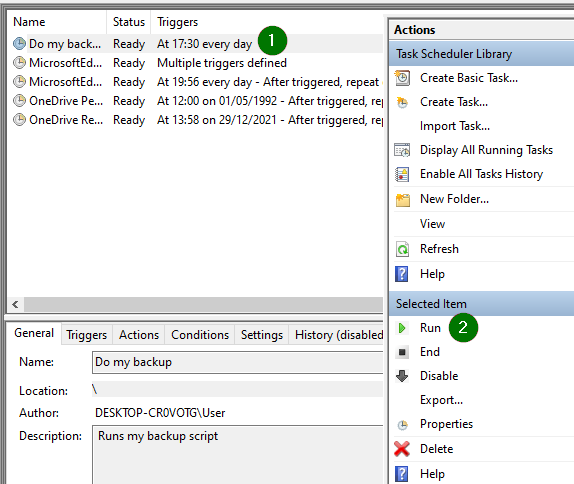 The screenshot shows a list of tasks on the left, organised by Name, status and triggers. The first item on the list Do my backup is selected. An Actions tab is opened on the right; under Selected item, the option Run is selected.