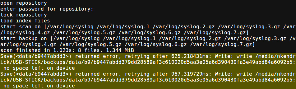 A log with errors about a full repository location is shown. Errors messages are highlighted at the bottom.