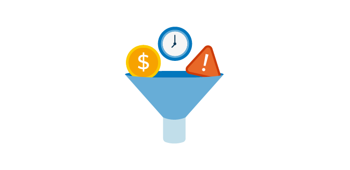 A funnel receiving money, a clock, and warning sign illustrates the need to compromise between budget, time and acceptable risk while setting up a backup solution