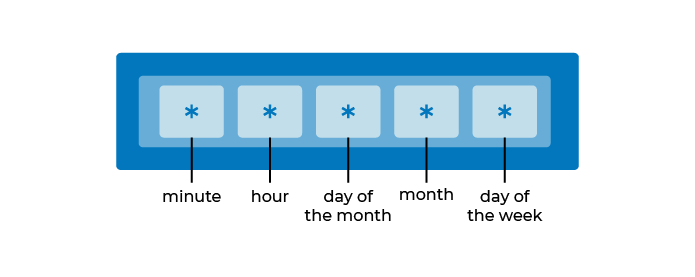 The five asterisks in the crontab entry are linked to their meaning. From the left: minute, hour, day of the month, month, day of the week.