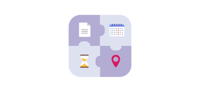 A four pieces puzzle represents the needs to analyze. The page icon identifies what we need to backup; the calendar identifies the frequency of backups; the location pin symbolizes the location of backups; the hourglass symbolizes the retention period.