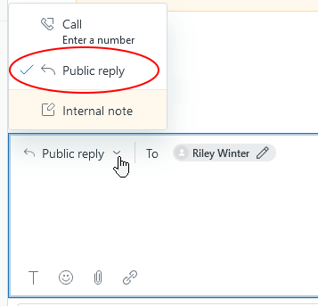 The open note type dropdown menu is shown. Three options are listed, from top to bottom: Call; Public reply, selected and circled; and Internal note.
