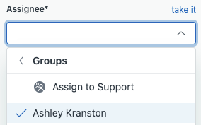 The open assignee dropdown menu is shown. From top to bottom the list shows: Groups, assign to support; and Ashley Kranston which is selected.