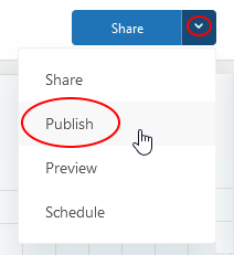 The open Share dropdown menu is shown. From top to bottom it lists: Share, Publish, Preview, Schedule. Publish is circled and indicated by the cursor.